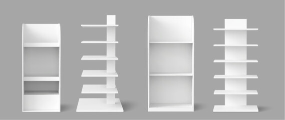 White book shelf, retail display stand mockup for supermarket products, 3d realistic vector illustrations. Empty wooden shelf rack for point-of-sale advertising, store gondola template isolated on bg © klyaksun