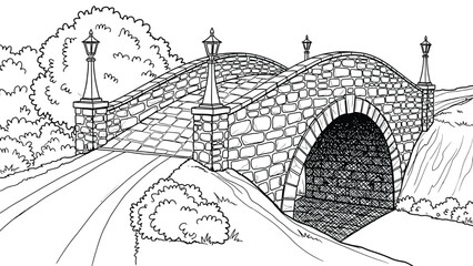 Stone arch bridge with cobblestone path and lampposts, picturesque landscape, historic crossing over river in rural countryside © hossain