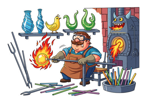 Cartoon glassblower working with molten glass in a hot furnace with colorful art pieces