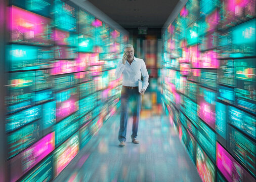 Business professional surrounded by digital data displays in motion