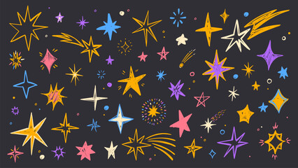 Hand drawn star doodles with colorful crayon textures, cartoon vector set isolated on black. Playful kid style sketches, magical sparkles and pastel chalk elements for creative designs © klyaksun