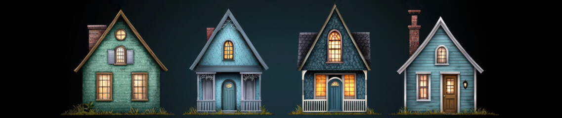 Obraz premium Pixelated Row Of Four Quaint Houses With Peaked Roofs Glowing Windows And Textured Facades