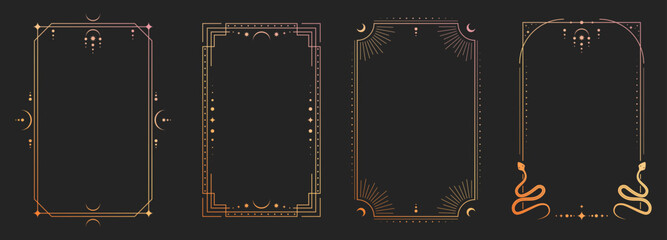 Plakat Mystical tarot card back with celestial sun, moon and stars in ornate golden frame, vector illustrations. Esoteric borders with magic symbols, spiritual snake patterns for horoscope design.