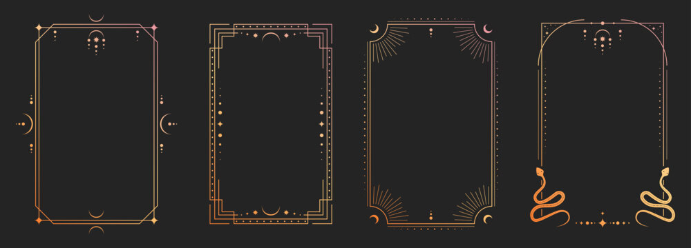 Mystical tarot card back with celestial sun, moon and stars in ornate golden frame, vector illustrations. Esoteric borders with magic symbols, spiritual snake patterns for horoscope design.
