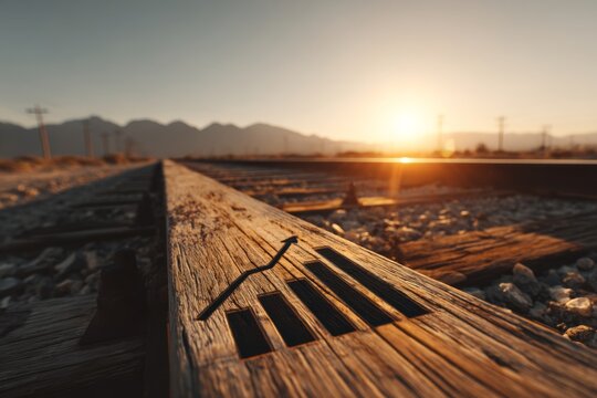 Railway track leading into the distance at sunrise with embedded barchart icon 