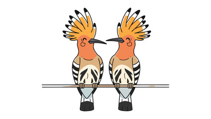 Two Hoopoes on a Perch: A charming illustration depicts two hoopoe birds perched side-by-side on a thin branch, showcasing their striking plumage and distinctive crests. © hafs121