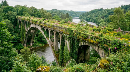 Concrete city bridge reclaimed by lush green plants and vines
