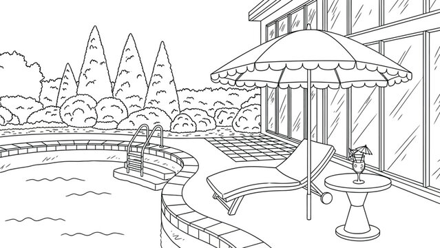 Outline drawing of a luxurious backyard swimming pool with a sun lounger, umbrella, and cocktail, perfect for a coloring book page