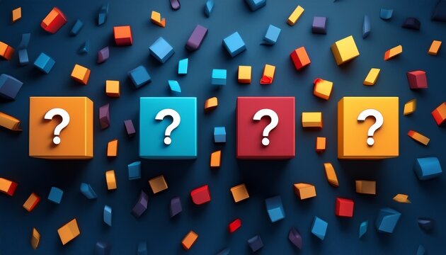 3d render of top view of any questions concept with questions marks on colorful cubes on dark blue background