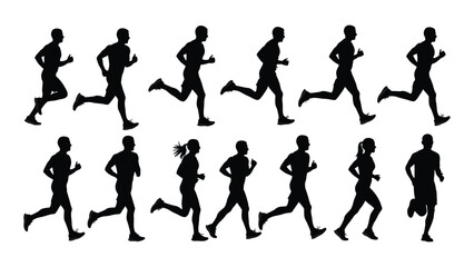 Silhouette of multiple runners in motion, depicting various stages of running, fitness and athleticism, human figures in different poses
