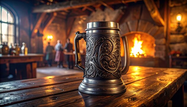 Ornately engraved pewter tankard with scrollwork resting on a wooden table near a roaring fireplace in a medieval tavern