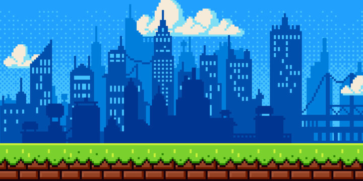 Pixel art city day background with retro 8-bit buildings, vibrant blue sky and green grass, cartoon vector illustration. Mosaic texture, urban game level design for arcade video games