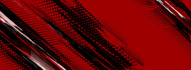 Obraz na płótnie Canvas Dynamic red sport background with black halftone pattern, white accents and abstract speed lines, vector banner. Energetic motion effect with grunge texture for athletic events design, presentations.