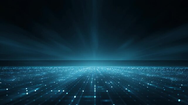 Abstract technology big background digital flow office block ai server system network business computer car design pattern glowing grid of data points forming futuristic horizon with subtle light