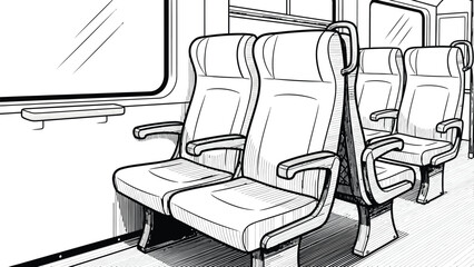 Inside train car with rows of seats next to window showing public transportation and travel for commuters and passengers