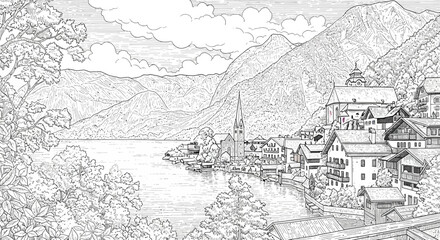 Obraz premium Idyllic Alpine Village Facade Sketch - Lakeside Mountain Town