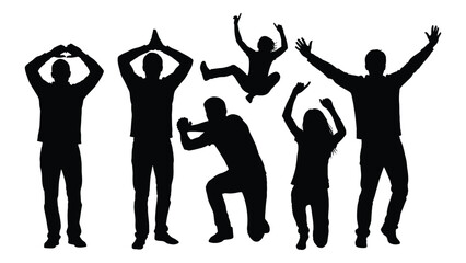Silhouette of five people and one monkey in various dance poses, black figures on white background, illustrating joy and movement © MDRaisul