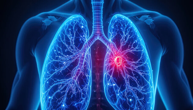 Illuminated human torso displays internal respiratory system structure with a localized affliction in one organ