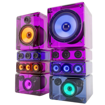 A stack of colorful speakers with different colored lights
