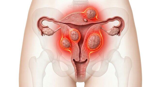 Uterine fibroids leiomyoma uterus anatomy rendering displaying dense benign muscle tumors causing structural distortion representing gynecological pathology clinical medical science