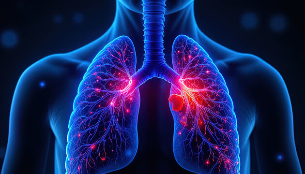 Illuminated human respiratory organs display abnormal tissue growth within the thoracic cavity