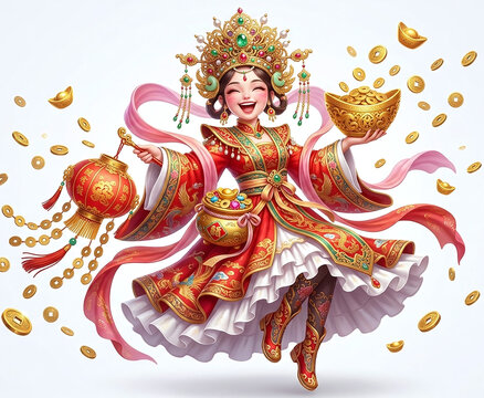 Joyful Chinese Prosperity Goddess with Gold Ingots and Lantern for Lunar New Year Celebration, 3D Render Stylized Character Illustration Isolated on White Background, Wealth and Luck Concept.