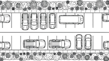 Aerial view of parking lot with cars, neat rows, asphalt surface, surrounding greenery, urban planning, modern cityscape, clean design © hossain