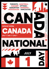 Naklejka premium Canada Day poster. Vector illustration with flag colors, utilitarian and bold style for web card, cover, print, social media post. Patriotic, national holiday infographic composition concept