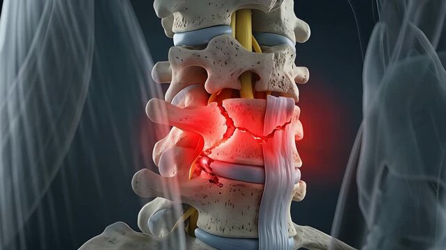 Medical Animation of a Human Cervical Spine Showing Vertebral Fracture with Red Inflammation and Damage to Spinal Cord Detailed Skeletal Anatomy on