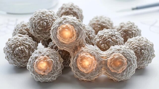 Microscopic view of biological cells dividing in a laboratory setting with soft lighting and detailed textures showcasing cellular reproduction and