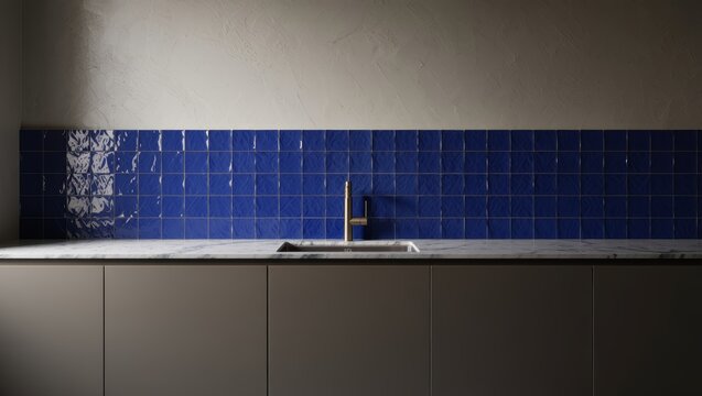 Modern Kitchen with Blue Backsplash and Marble Countertop