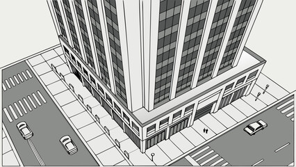 A black and white vector illustration of a modern skyscraper building with a city street and sidewalk