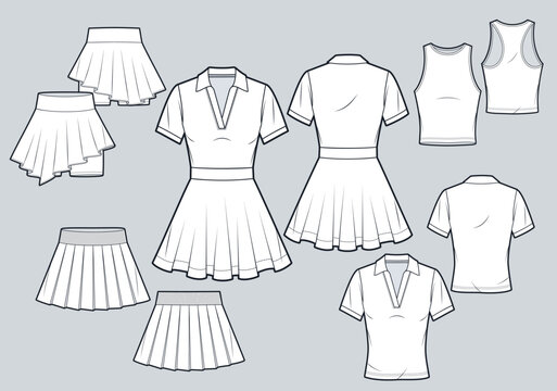 Women Tennis Outfit Set Fashion Flat Technical Drawings, Tennis Dress Skirt Skort Tank and Polo Shirt CAD Templates, front and back view.