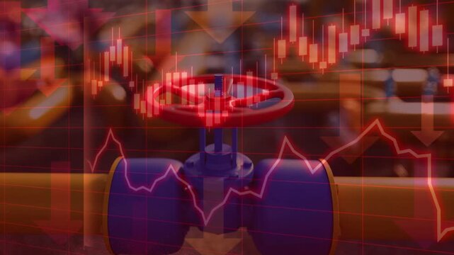 The global energy market crisis, with its economic data charts and plummeting stock prices, is superimposed on images of industrial pipeline valves.