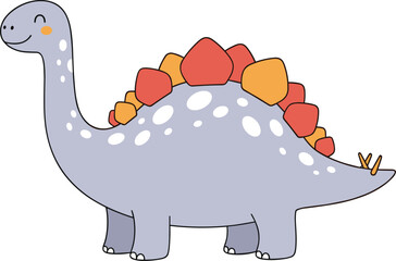 Cute cartoon stegosaurus dinosaur with purple body, red orange plates, cheerful smiling face, friendly prehistoric animal design, playful flat vector illustration © Suraia