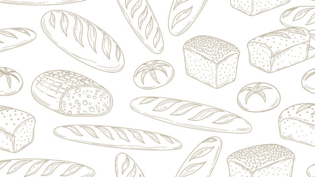Seamless pattern with hand drawn loaves and rolls, bakery background, outline style, light brown contours on white, bread types