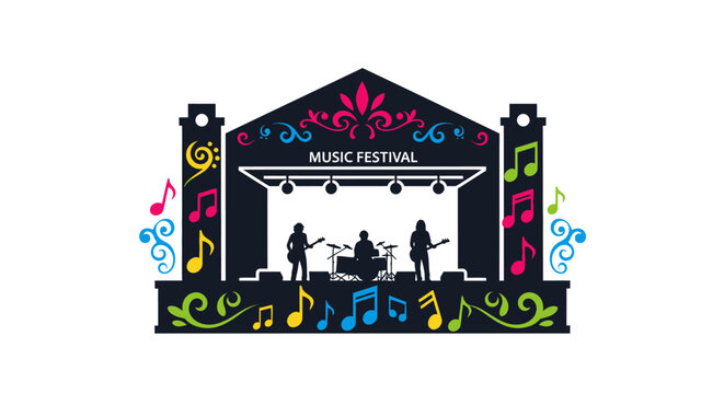 Music festival stage with musicians performing.