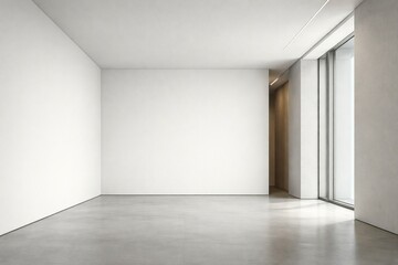 Obraz premium Minimal Modern Interior with Large Blank Wall and Floor to Ceiling Windows for Product Display or Advertising