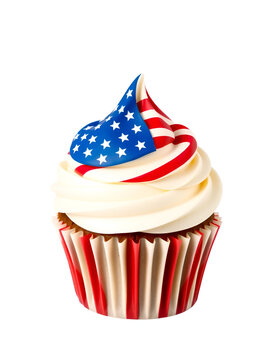 Stylist cupcake with design of American flag isolated on transparent white background, clopping path, PNG.