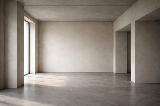 Minimal Architectural Gallery Interior with Concrete Walls, Natural Window Light and Large Empty Space for Luxury Brand Background