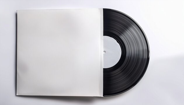 a classic black vinyl record partially slid out of a blank white cardboard sleeve isolated on white background