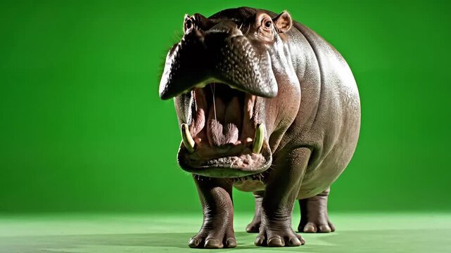 Hippopotamus standing on a flat professional studio floor with a bright chroma green screen background