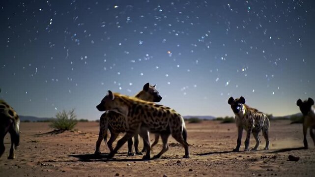 Spotted hyenas walking under stars.