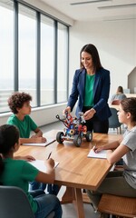 Fototapeta premium Young Teacher Demonstrating Robotics To Students