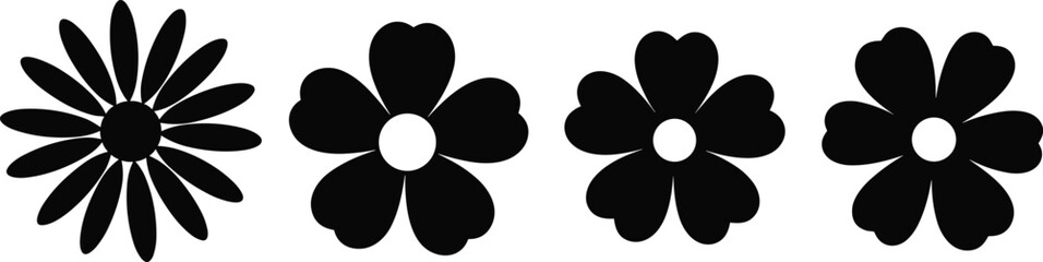 Black and white flower silhouettes, minimalist floral vector icons, daisy and cherry blossom outlines, decorative nature elements for graphic design projects.