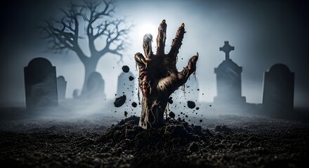 Horror zombie hand emerges from grave in misty graveyard at night, symbol of death and undead awakening