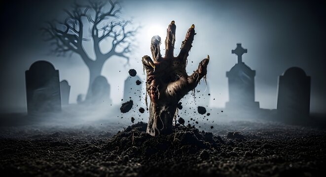 Horror zombie hand emerges from grave in misty graveyard at night, symbol of death and undead awakening