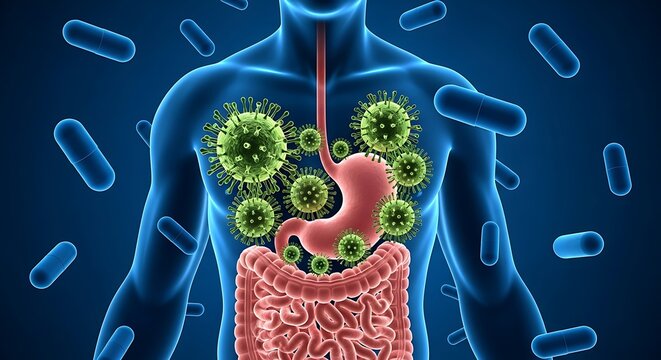 Digital illustration of the human digestive system impacted by harmful bacteria and viruses affecting health