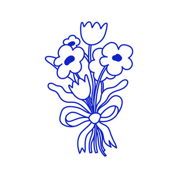 Vector doodle sketch illusrtation, flowers in line hand drawn style, gift and present, icon for card and print