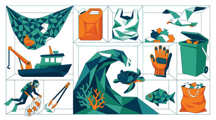 Obraz premium A nine-panel collage of low-poly illustrations depicting ocean pollution and cleanup activities, including plastic waste, marine life, and conservation efforts.